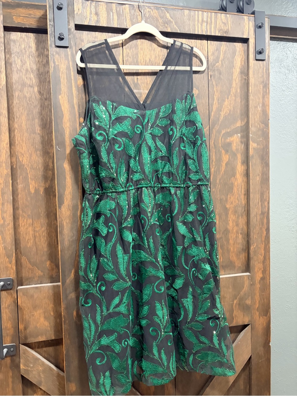 Lane Bryant Black Mesh Midi Dress with Green Leaf Embroidery